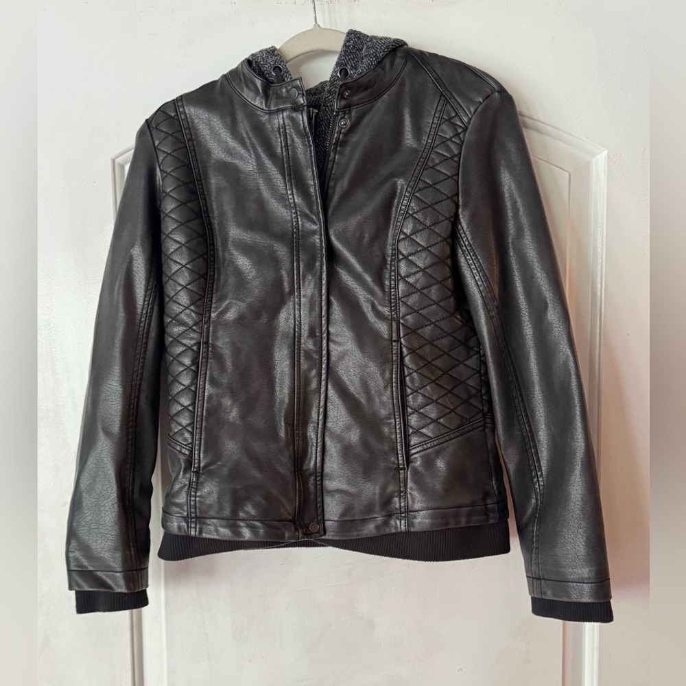 Mo-Ka Faux Leather Moto Jacket Removable Knit Hood Black Size S